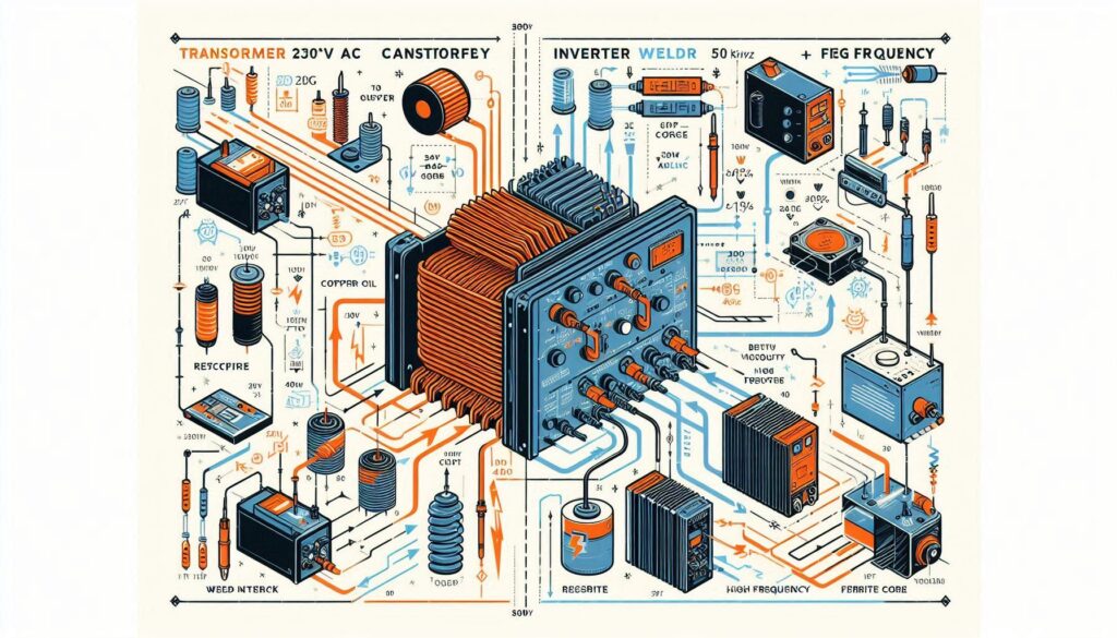 ✓ Infografika techniczna podzielona na pół ✓ Lewa strona: schemat transformatorowy (230V → cewka → spawanie) ✓ Prawa strona: schemat inwertorowy (IGBT, prostownik, HF, ferryt)